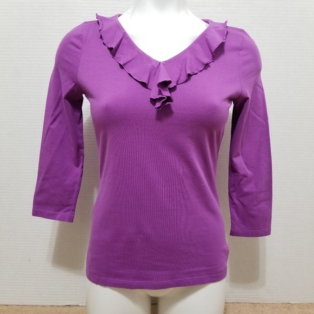 Ann Taylor top SP Petite Small ruffle neckline solid color stretch Factory